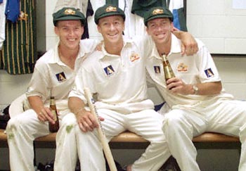 Lee, Bichel and McGrath celebrate the victory over West Indies